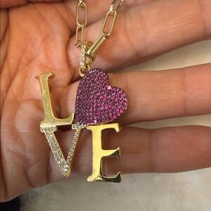 14K Gold-Plated LOVE HEART Pendant Necklace with Pink Crystal Heart